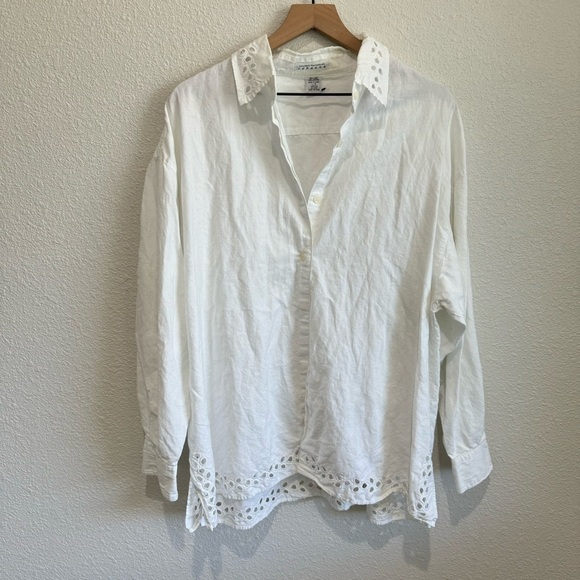VTG 90's Express Women's Large Linen Blend Button Down Eyelet Coastal Lagenlook - Picture 1 of 11